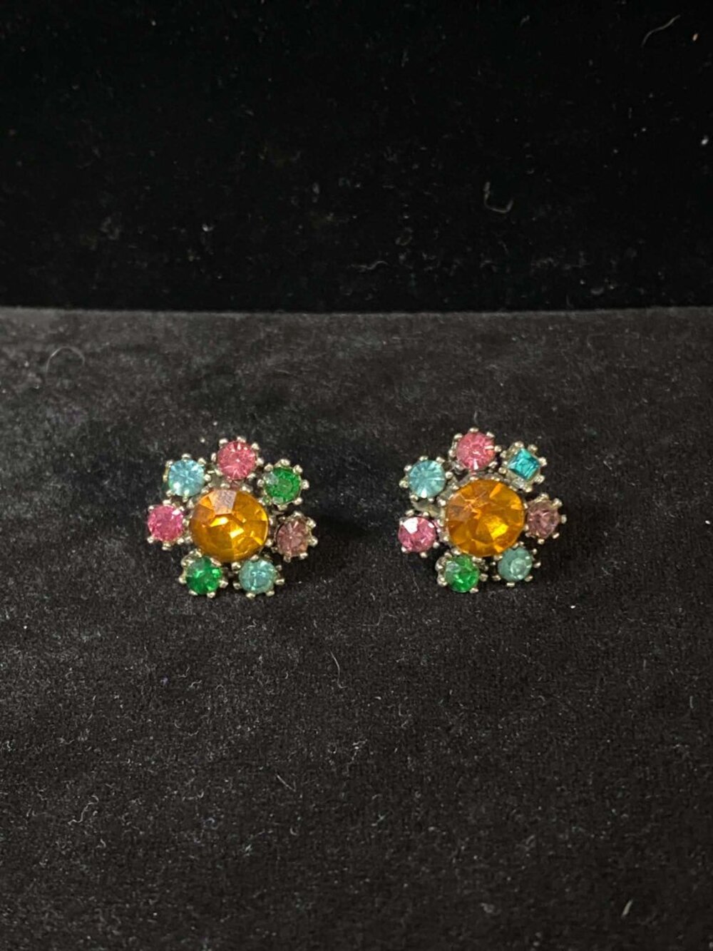 Vintage Cora Screw back Multicolour Rhinestone Flower Earrings